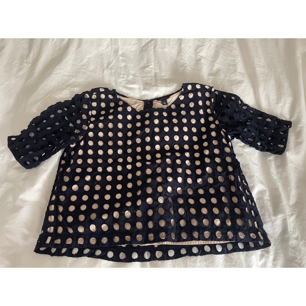 Ann Taylor Eyelet Navy Laser Cut Lined 100% Cotton Preppy Top Size Small